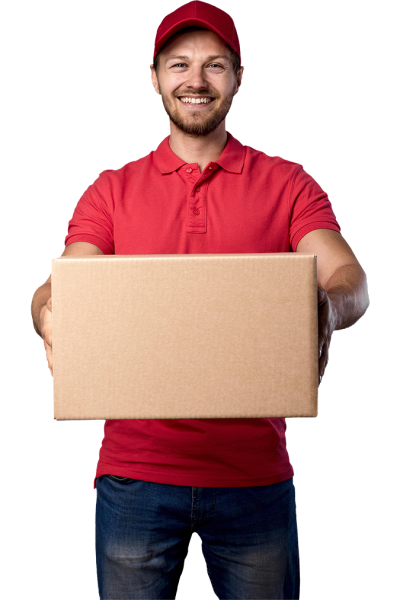 Front-view-delivery-male-with-package-on-transparent-background-PNG